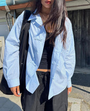 Load image into Gallery viewer, Baby Blue Striped Mandarin Shirt